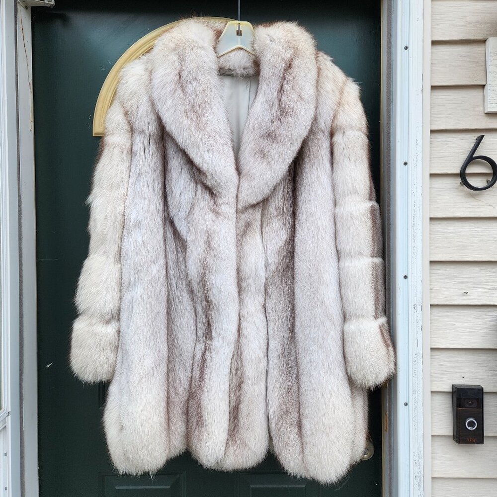 Womens Blue Fox Fur Jacket XL - Coat, Striped Sleeves